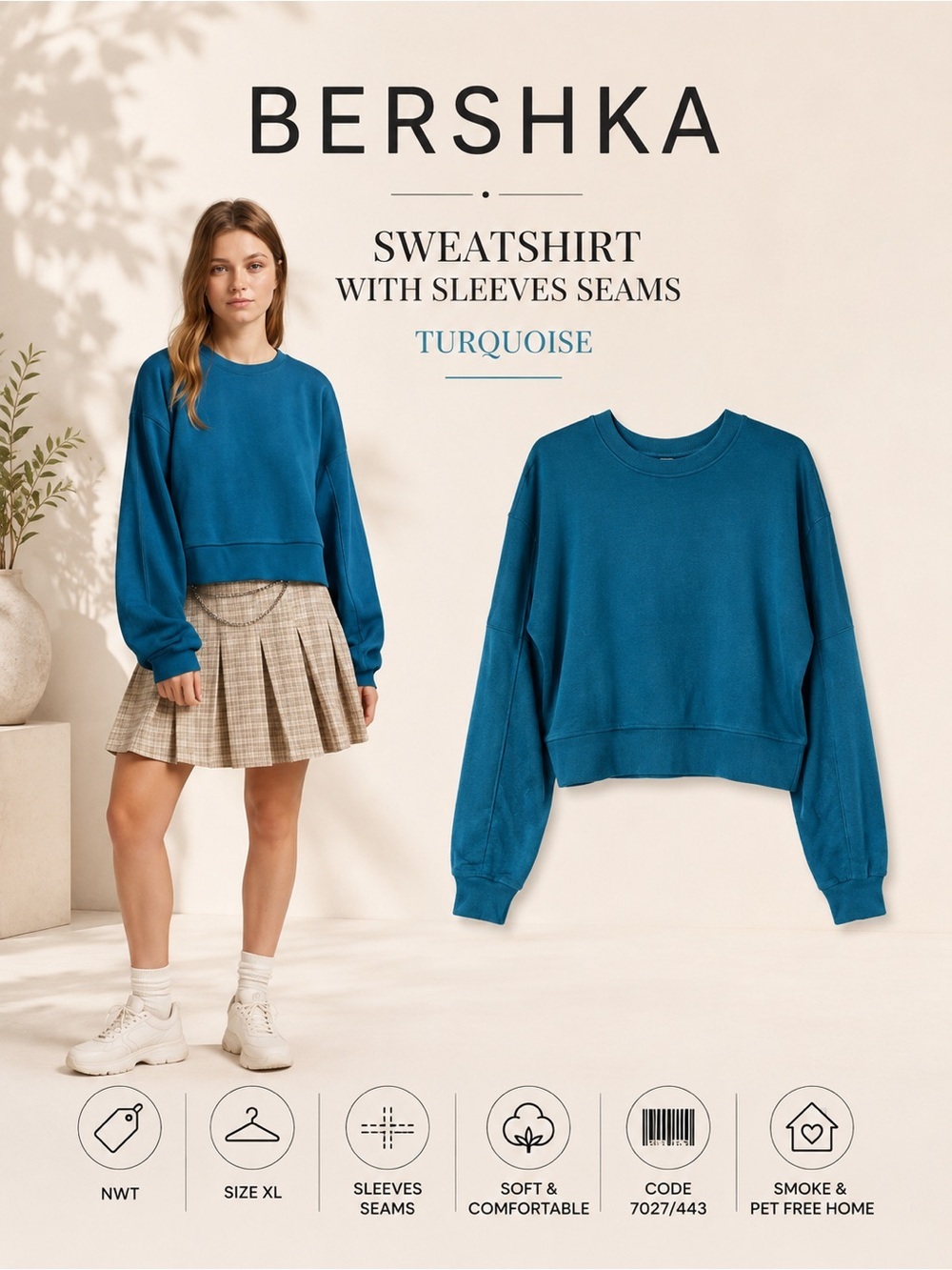 Bershka Turquoise Sweatshirt w/ Sleeve Seams Size XL NWT Oversized Crewneck Pull